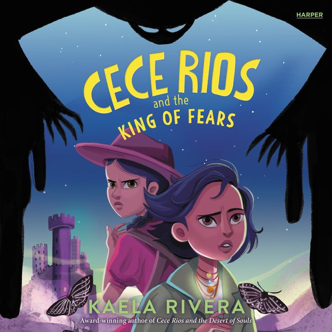 Book cover. Two girls are standing with their faces in worried frowns. They have medium brown skin and the girl in front has short brown hair. The girl behind her is wearing a hat. The borders on the sides and on the top are a shadow with claws on their hands. The title of the book is above the girls' heads and it reads in yellow letters: Cece Rios and the King of Fears. 