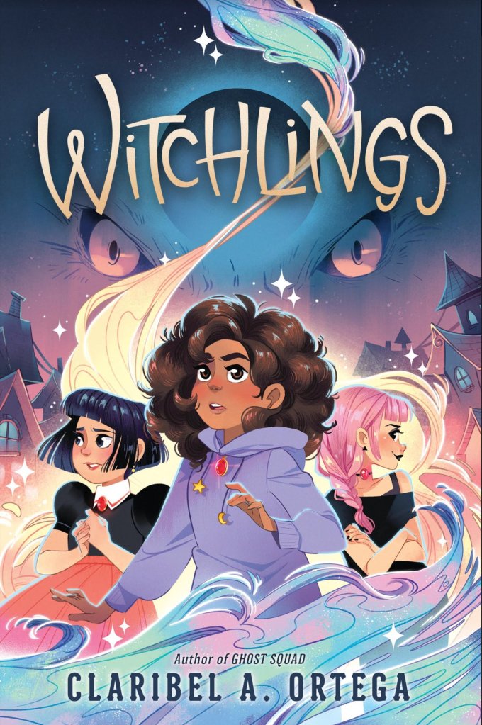 Illustrated book cover. There are three young people on the cover. The person in the centre has a purple hoodie on and has wavy brown hair. She has 